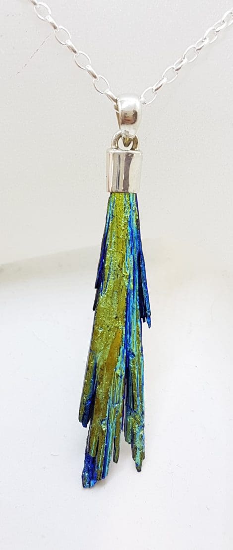 Sterling Silver Black Titanium Kyanite Pendant on Silver Chain – Long Blue and Green