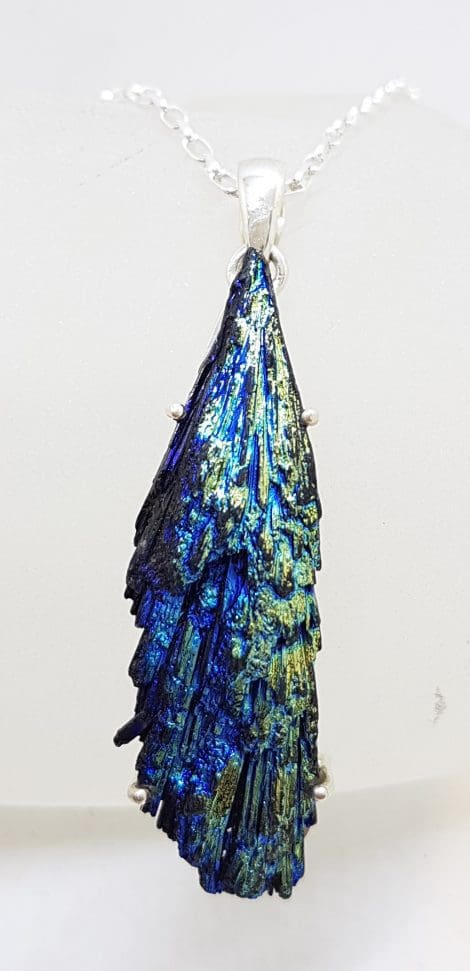 Sterling Silver Black Titanium Kyanite Pendant on Silver Chain - Blue, Green & Yellow - Claw Set