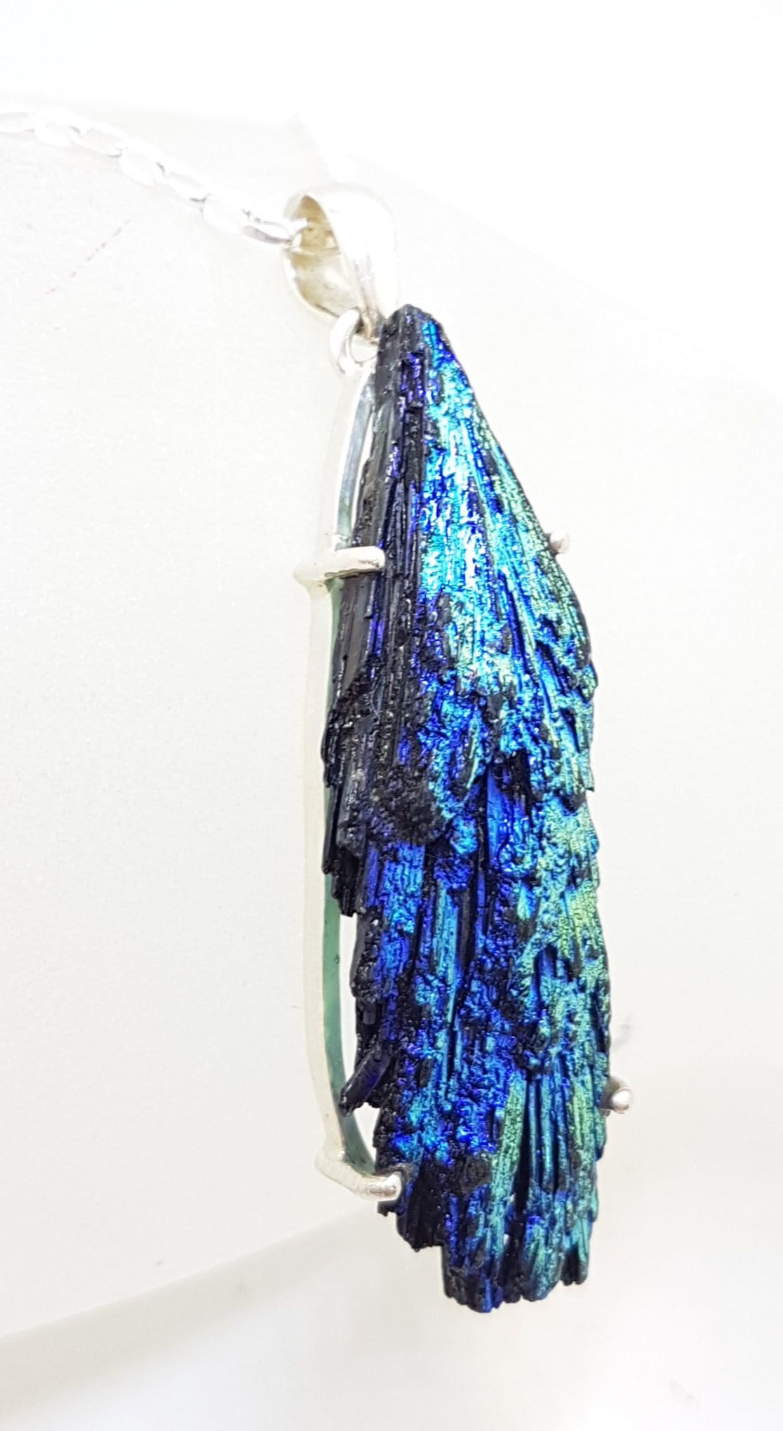 20201201_205642 Sterling Silver Black Titanium Kyanite Pendant on Silver Chain - Blue, Green & Yellow - Claw Set