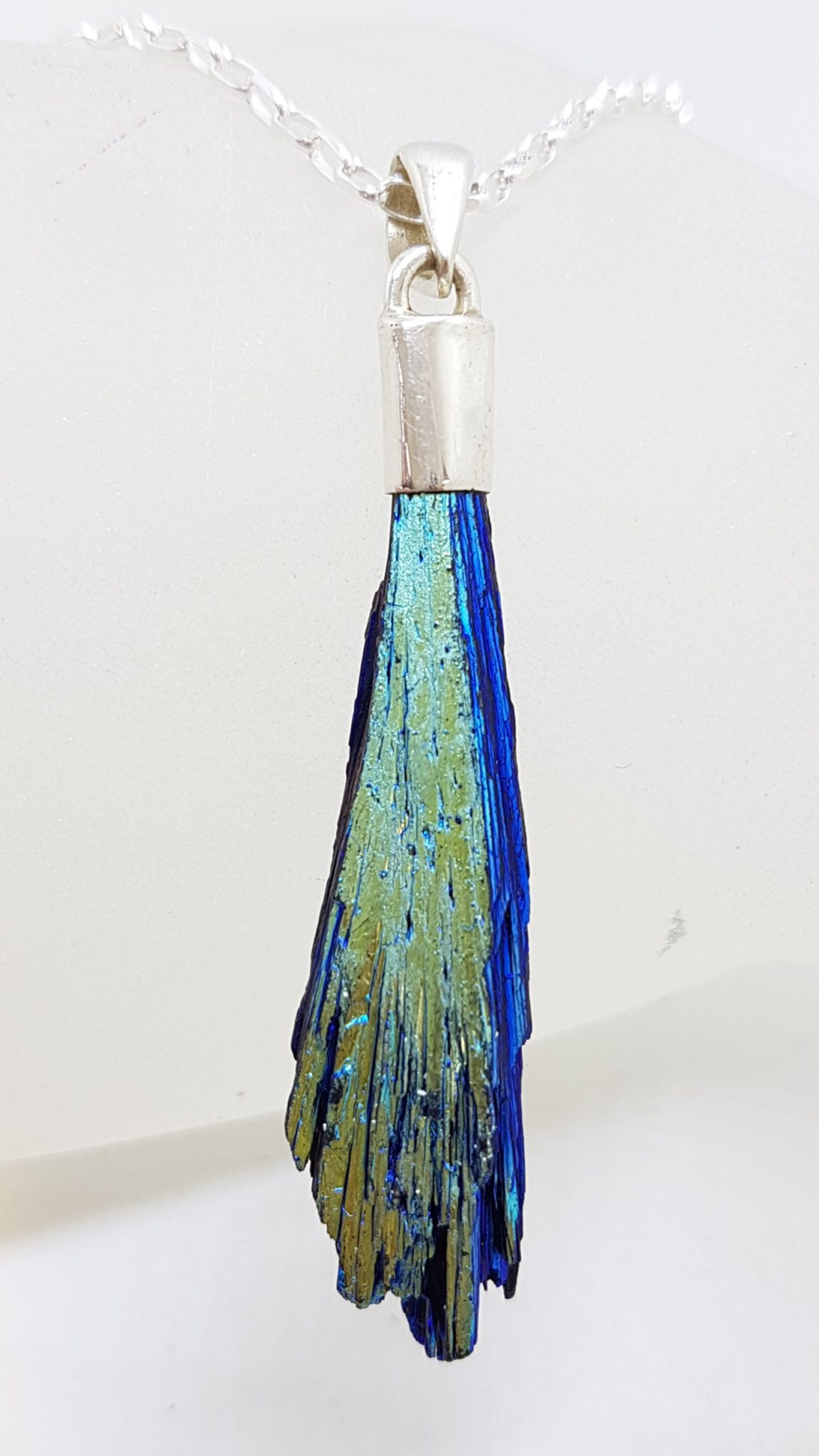 Sterling Silver Black Titanium Kyanite Pendant on Silver Chain - Blue & Green