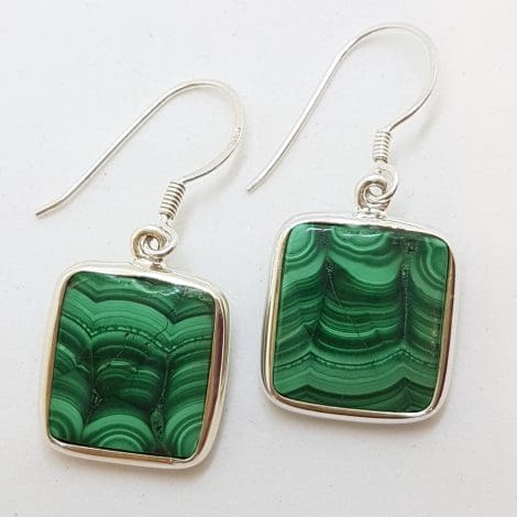 Sterling Silver Large Square Malachite Drop Earrings