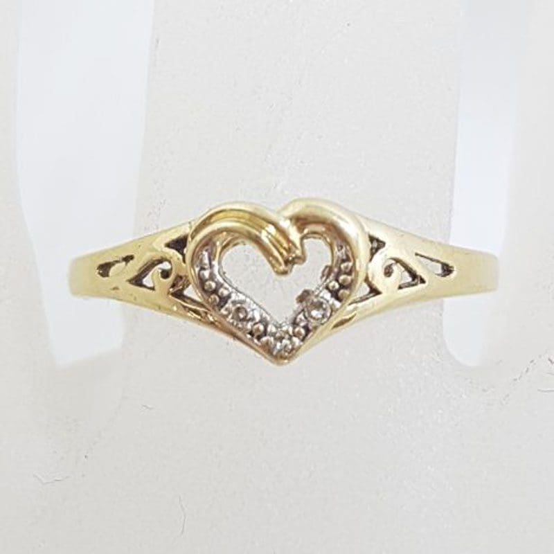 9ct Yellow Gold Ornate Filigree Diamond Heart Ring