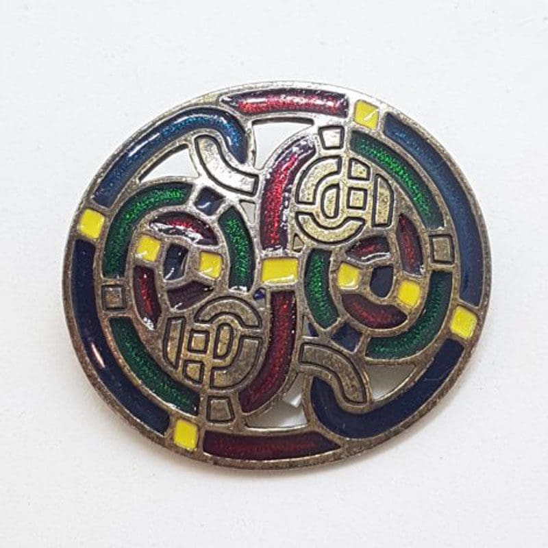 Large Enamel Round Ornate Celtic Mizpah Brooch - Vintage