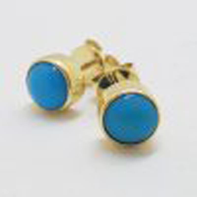 9ct Yellow Gold Round Bezel Set Natural Turquoise Stud Earrings
