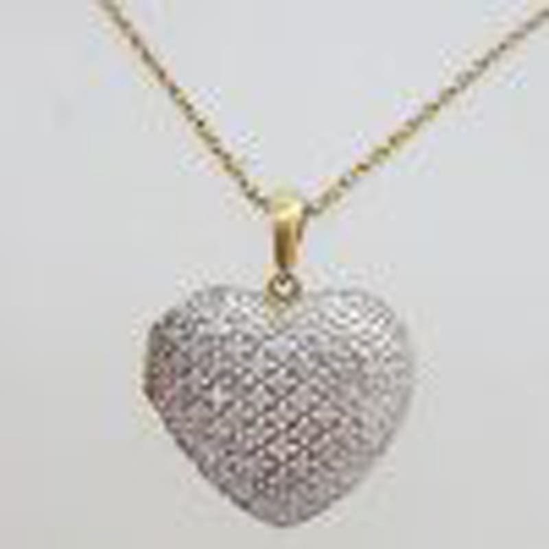 9ct Yellow Gold and White Gold Heart Shaped Diamond Locket Pendant on Gold Chain