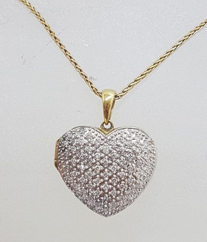 9ct Yellow Gold and White Gold Heart Shaped Diamond Locket Pendant on Gold Chain