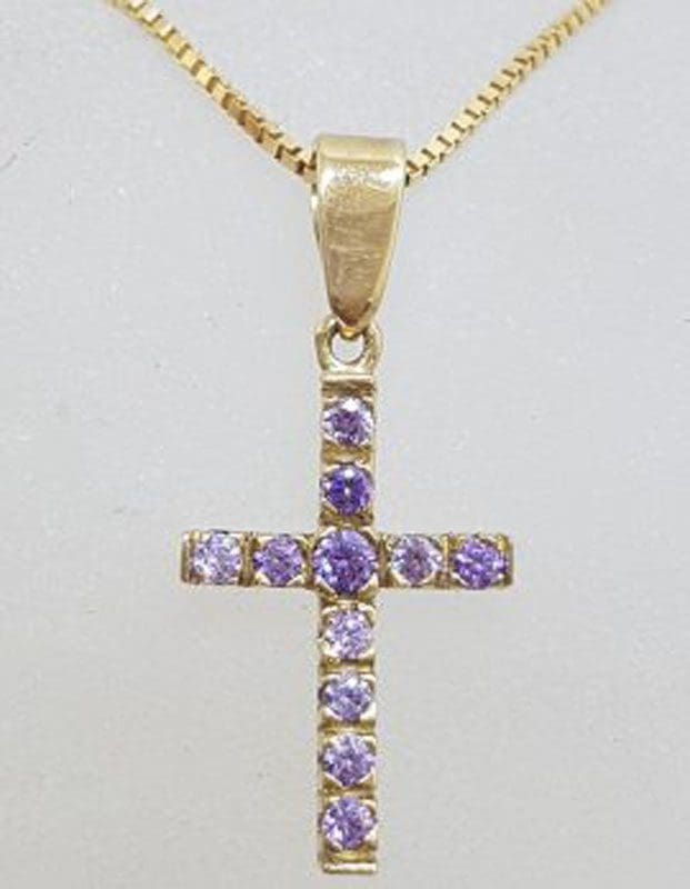 9ct Yellow Gold Purple Cubic Zirconia Cross / Crucifix Pendant on Gold Chain