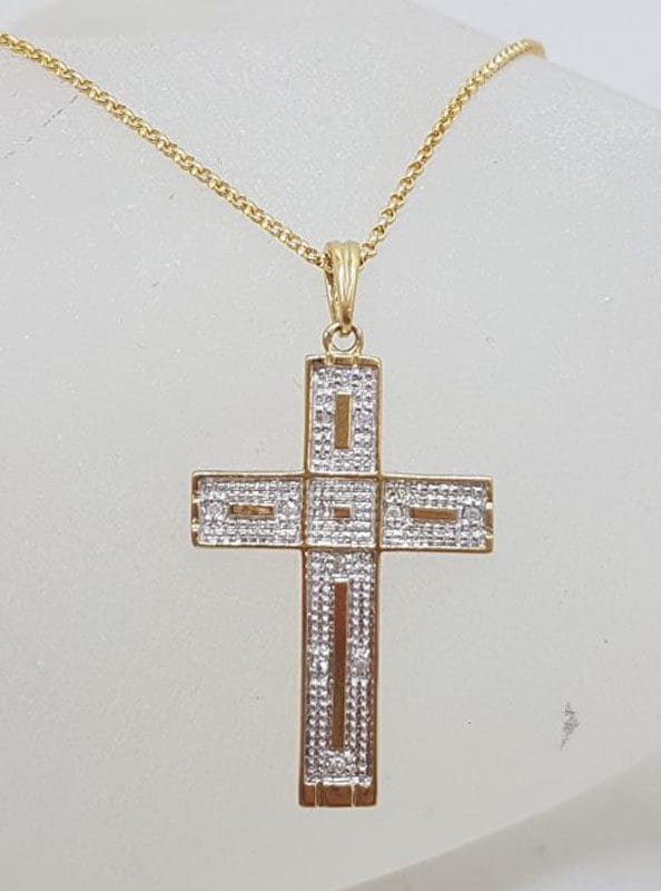 9ct Yellow Gold Diamond Cross / Crucifix Pendant on Gold Chain