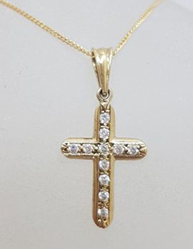 9ct Yellow Gold Clear Cubic Zirconia Cross / Crucifix Pendant on Gold Chain