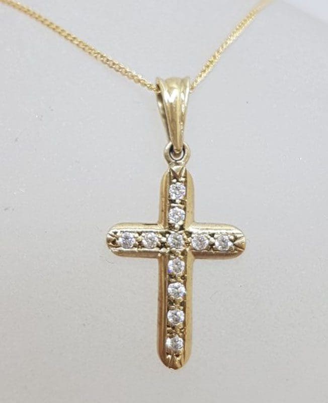 9ct Yellow Gold Clear Cubic Zirconia Cross / Crucifix Pendant on Gold Chain