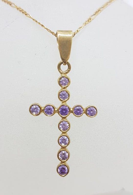 9ct Yellow Gold Purple Cubic Zirconia Cross / Crucifix Pendant on Gold Chain