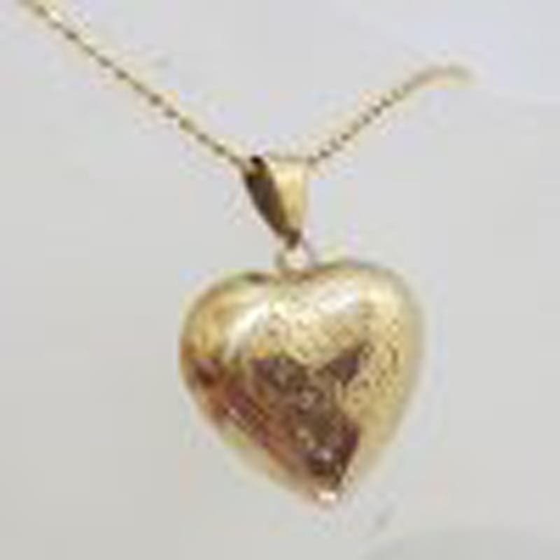 9ct Yellow Gold Ornate Floral Puffy Heart Pendant on Gold Chain
