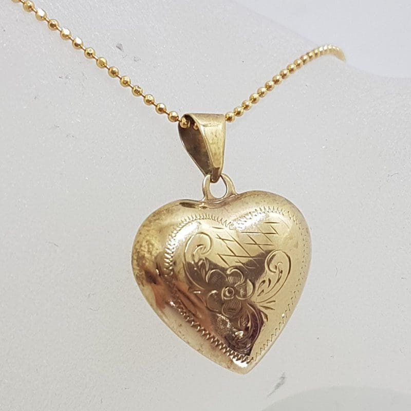 9ct Yellow Gold Ornate Floral Puffy Heart Pendant on Gold Chain