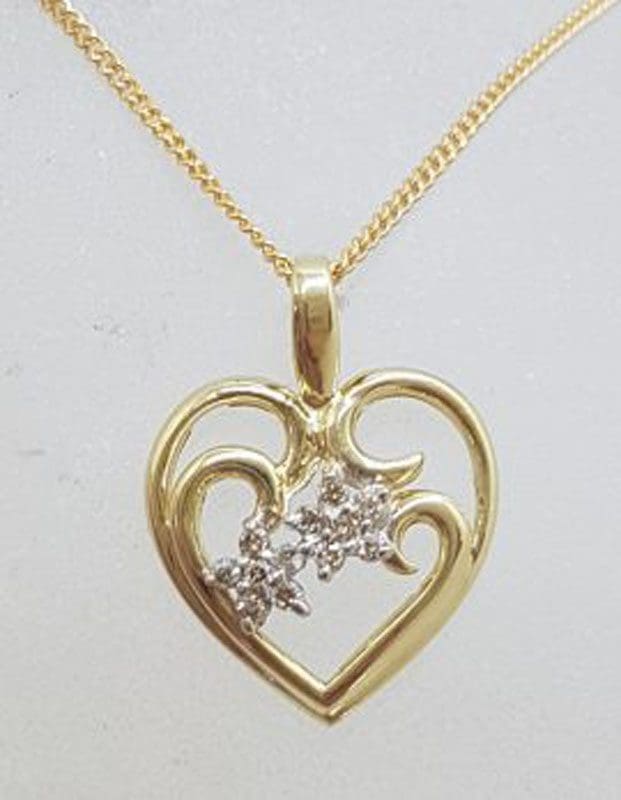 9ct Yellow Gold with Diamond Ornate Floral Heart Pendant on Gold Chain
