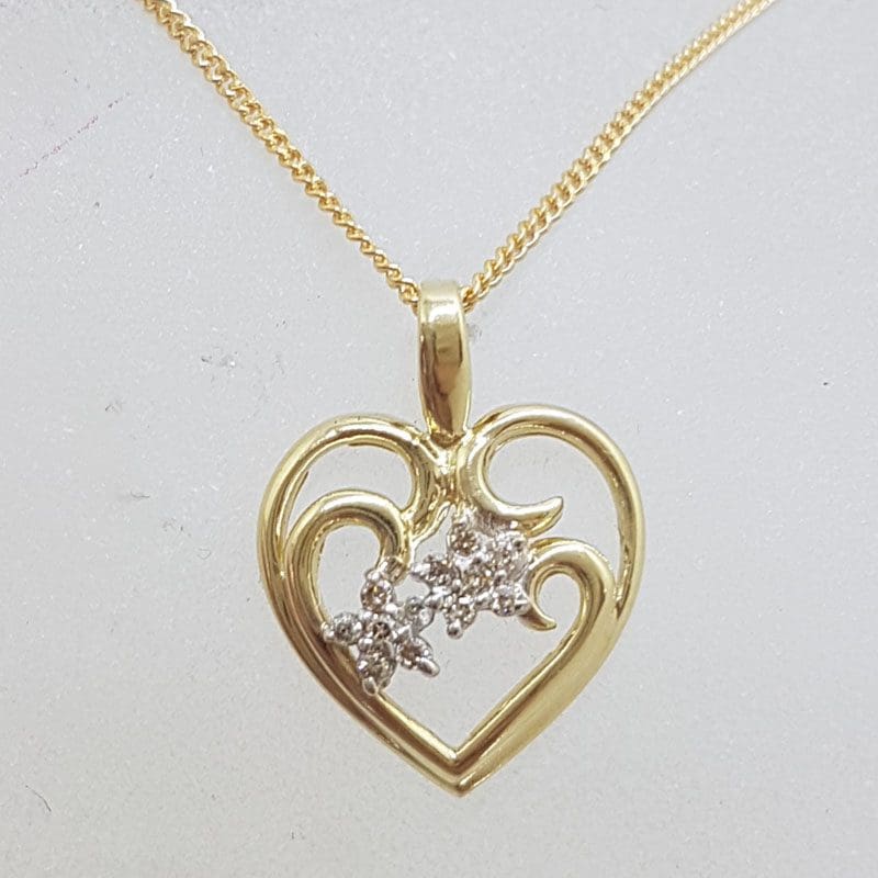 9ct Yellow Gold with Diamond Ornate Floral Heart Pendant on Gold Chain