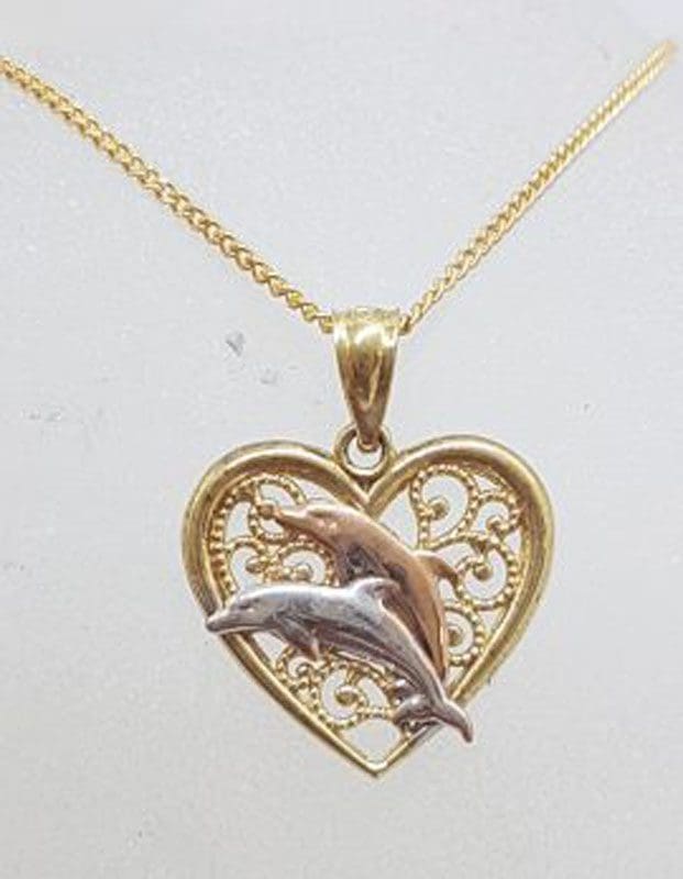 9ct Yellow Gold, Rose Gold and White Gold - Three Tone - Ornate Filigree Dolphin Heart Pendant on Gold Chain