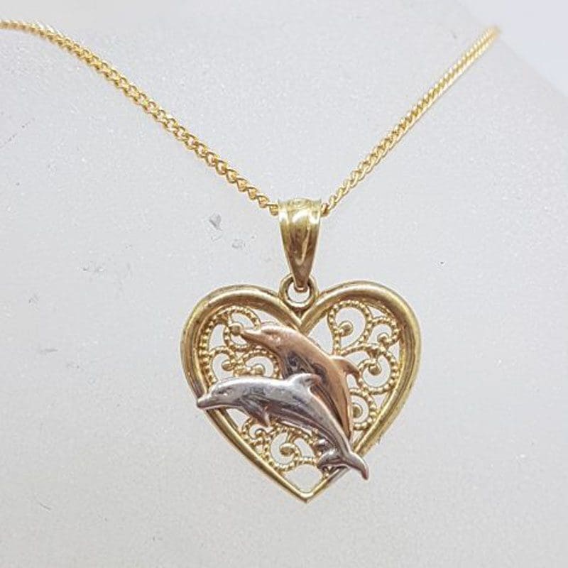 9ct Yellow Gold, Rose Gold and White Gold - Three Tone - Ornate Filigree Dolphin Heart Pendant on Gold Chain