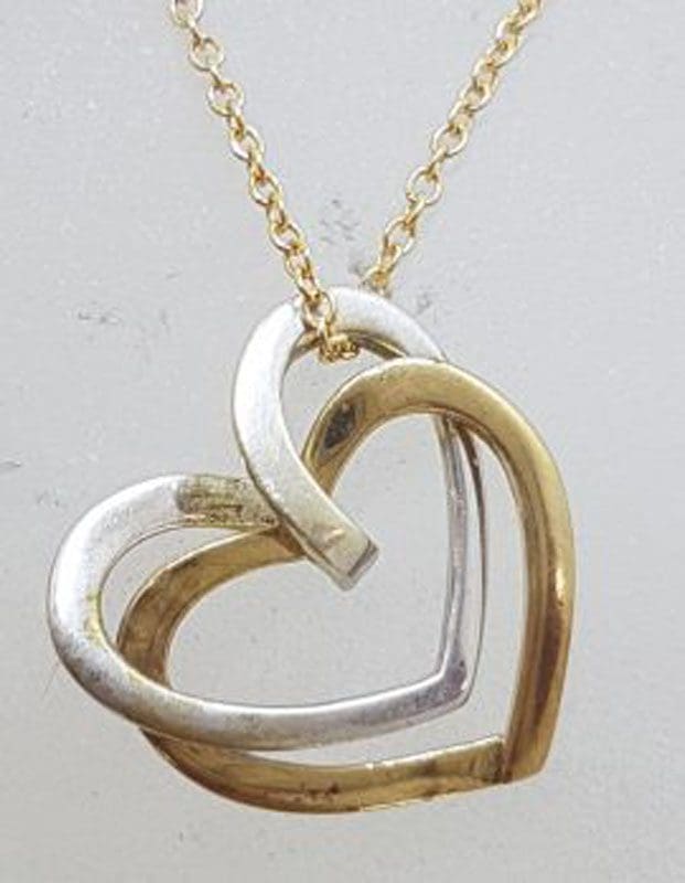 9ct Yellow Gold and White Gold Two Heart Pendant on Gold Chain