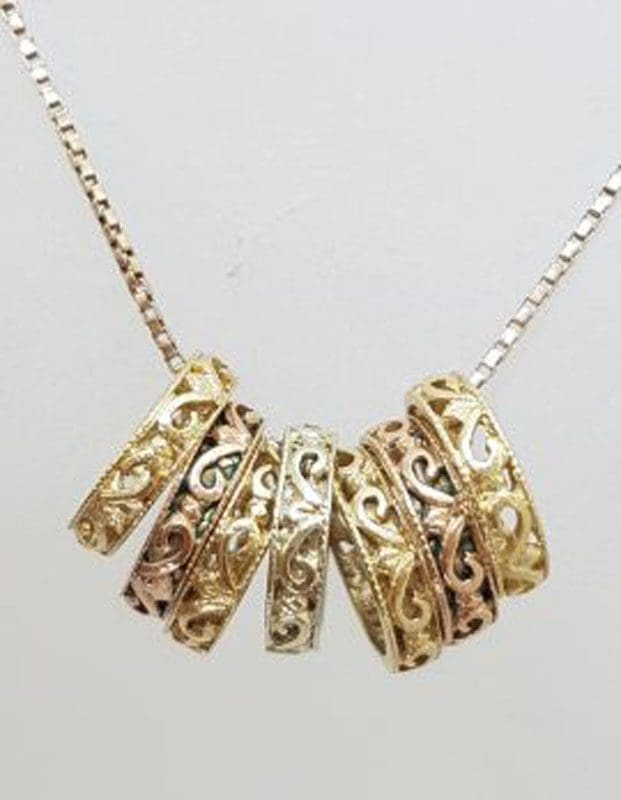 9ct Yellow Gold, Rose Gold and White Gold - Three Tone - Ornate Filigree Seven Lucky Rings Pendant on Gold Chain