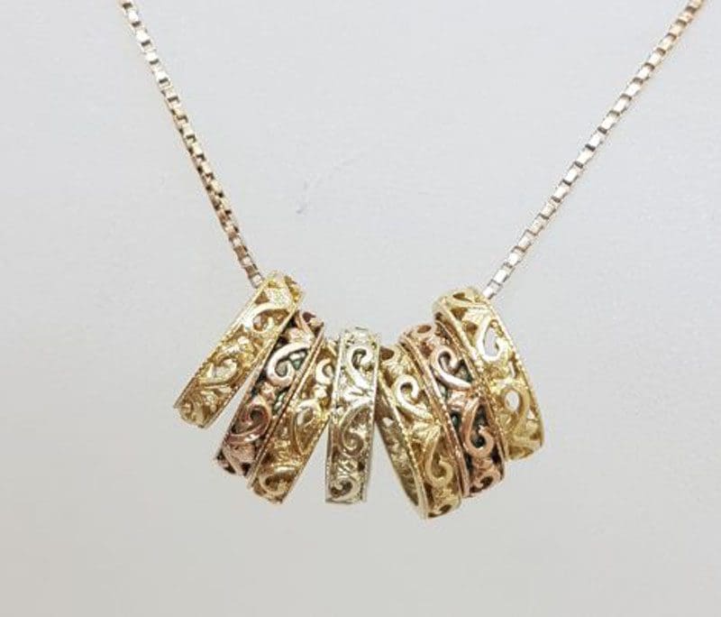 9ct Yellow Gold, Rose Gold and White Gold - Three Tone - Ornate Filigree Seven Lucky Rings Pendant on Gold Chain