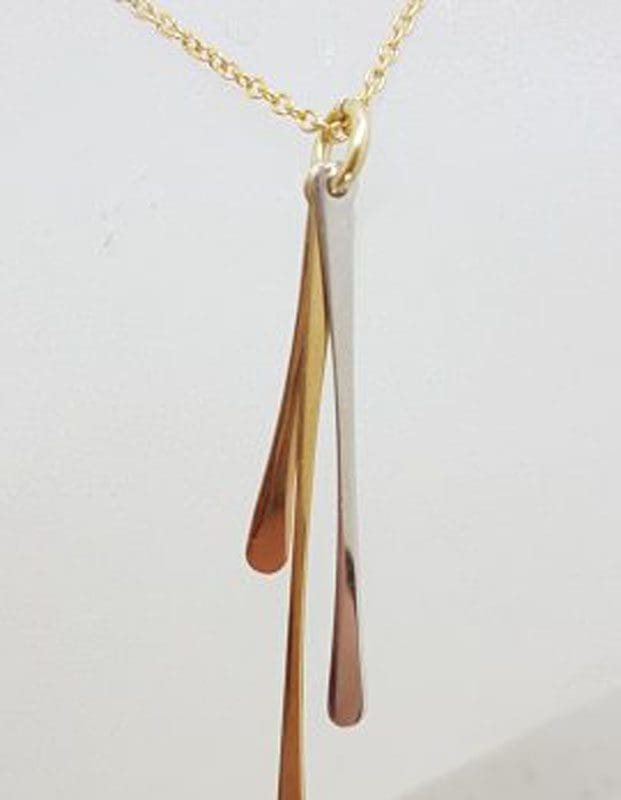 9ct Yellow Gold, Rose Gold and White Gold - Three Tone - Long Line Drop Pendant on Gold Chain