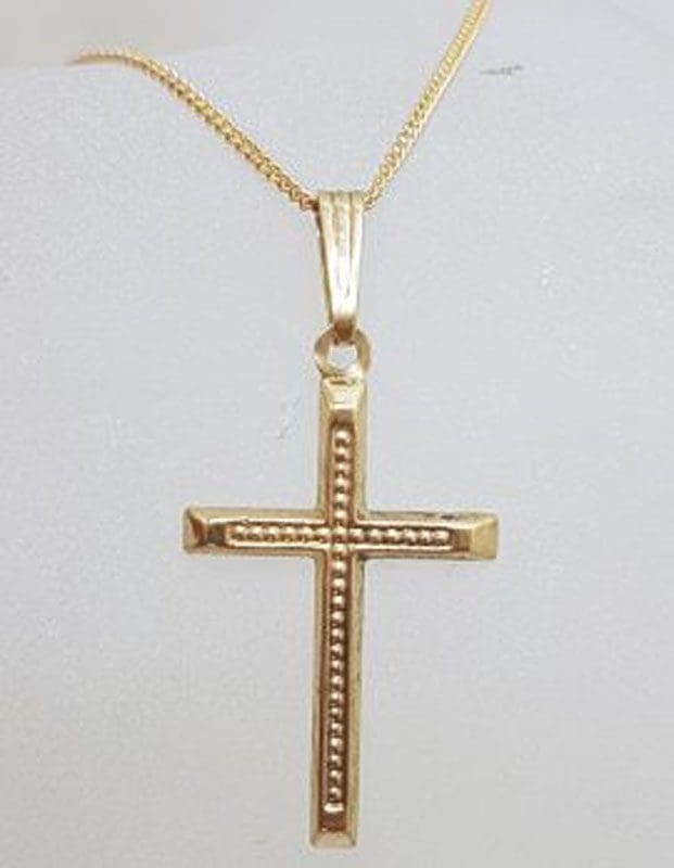 9ct Yellow Gold Patterned Cross / Crucifix Pendant on Gold Chain