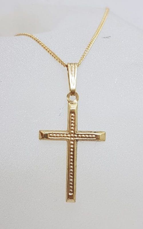 9ct Yellow Gold Patterned Cross / Crucifix Pendant on Gold Chain