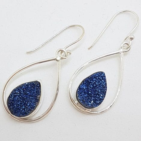 Sterling Silver Teardrop / Pear Shape Blue Druzy Drop Earrings