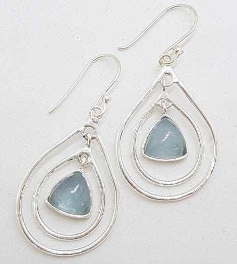 Sterling Silver Aquamarine Triangle in Teardrop / Pearshape Large Drop Earrings