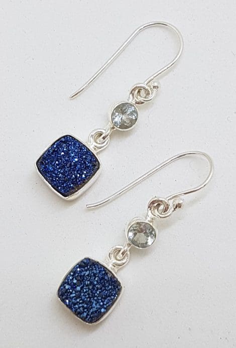 Sterling Silver Square Blue Druzy with Round Topaz Drop Earrings