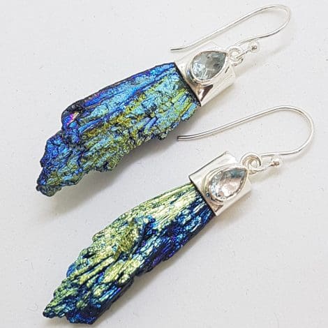 Sterling Silver Black Titanium Kyanite Long Drop Earrings with Topaz - Blue and Green