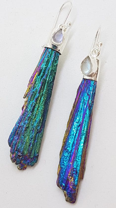 Sterling Silver Black Titanium Kyanite Long Drop Earrings with Moonstone - Peacock / Rainbow Colours
