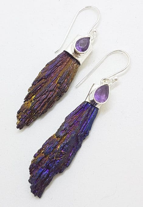 Sterling Silver Black Titanium Kyanite Long Drop Earrings with Amethyst – Purple