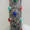 Sterling Silver Marcasite With Blue, Red and Green Wide Ornate Filigree Hinged Bangle