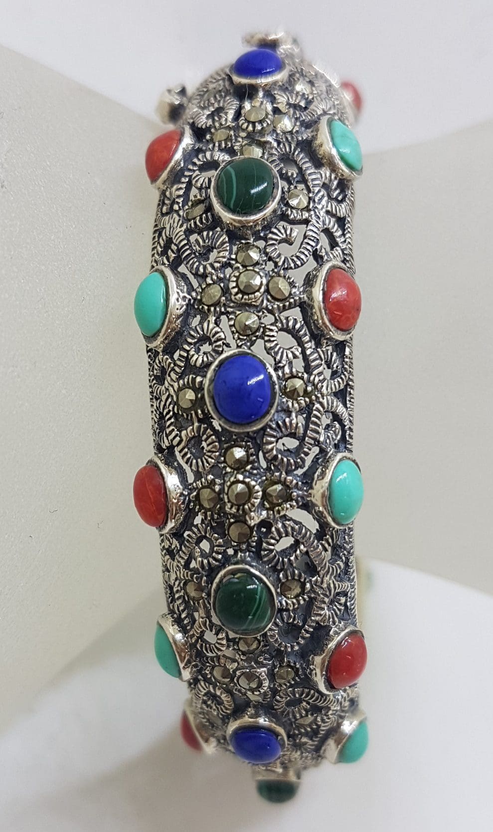 Sterling Silver Marcasite With Blue, Red and Green Wide Ornate Filigree Hinged Bangle