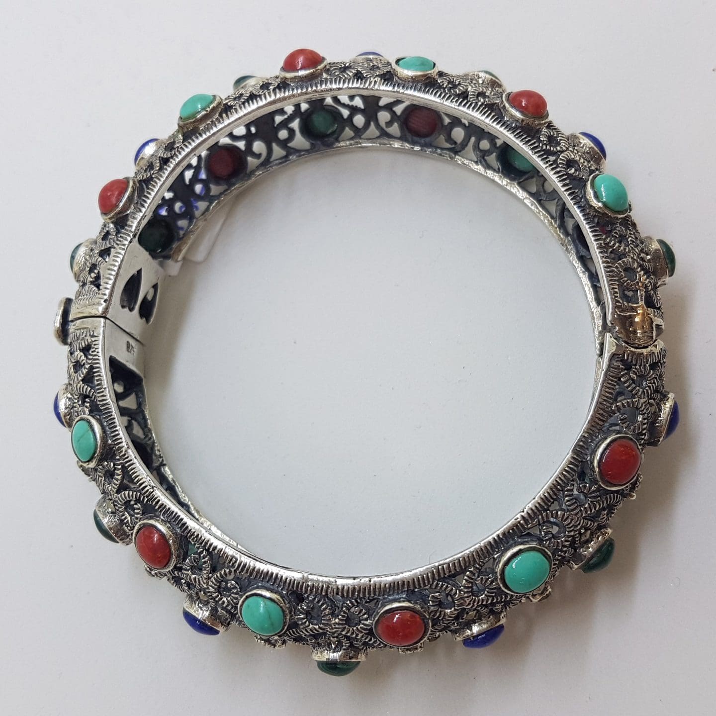 Sterling Silver Marcasite With Blue, Red and Green Wide Ornate Filigree Hinged Bangle