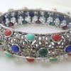 Sterling Silver Marcasite With Blue, Red and Green Wide Ornate Filigree Hinged Bangle