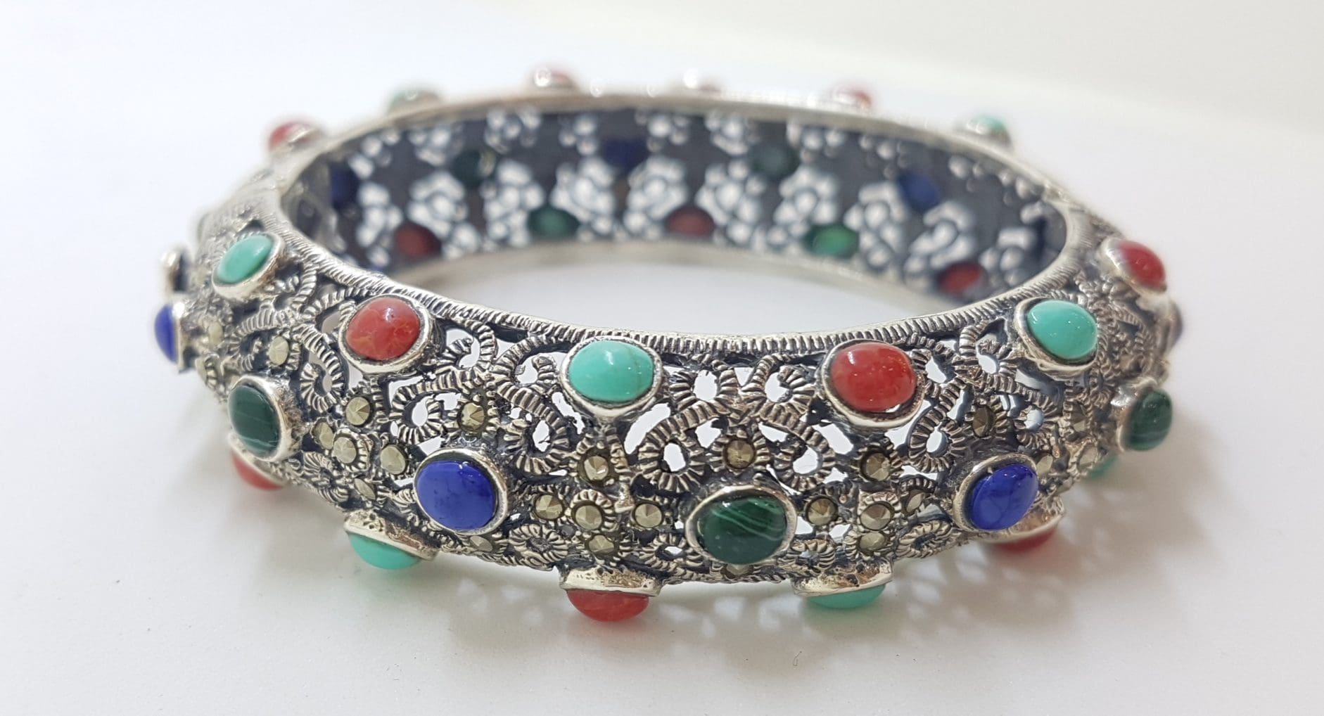 Sterling Silver Marcasite With Blue, Red and Green Wide Ornate Filigree Hinged Bangle