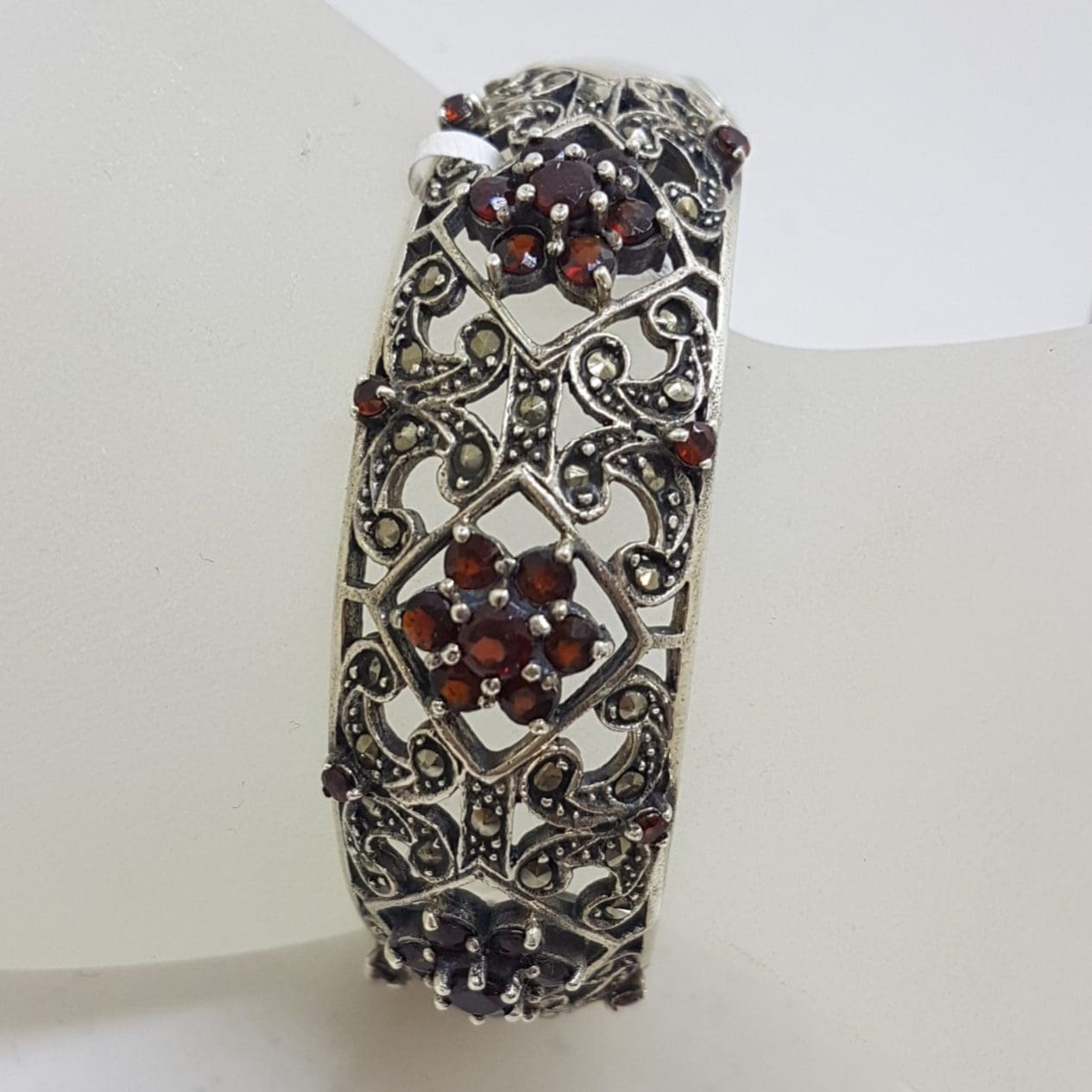 20210111_203730 Ornate Sterling Silver Garnet and Marcasite Wide Hinged Bangle