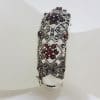 Ornate Sterling Silver Garnet and Marcasite Wide Hinged Bangle