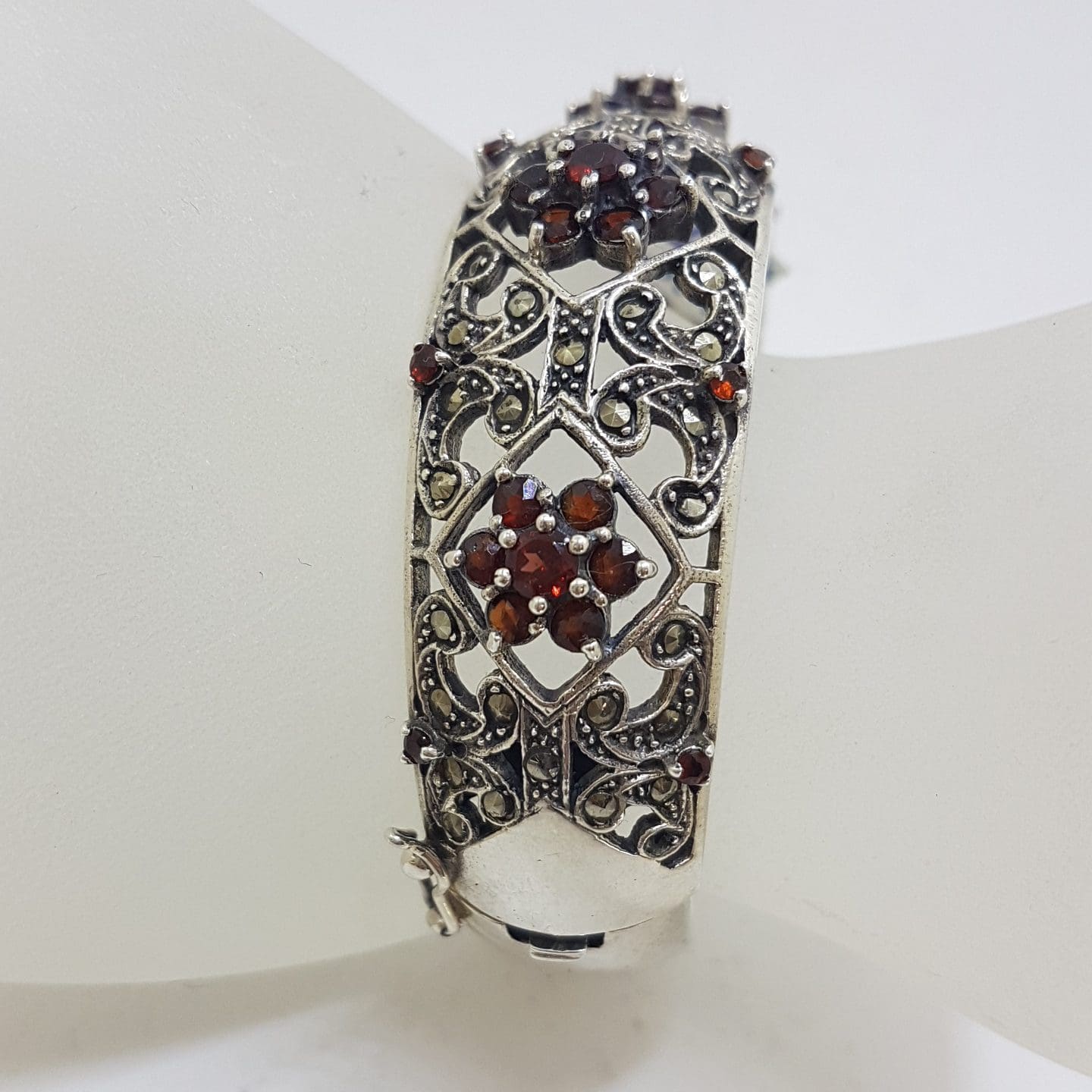 20210111_203758 Ornate Sterling Silver Garnet and Marcasite Wide Hinged Bangle