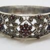 Ornate Sterling Silver Garnet and Marcasite Wide Hinged Bangle