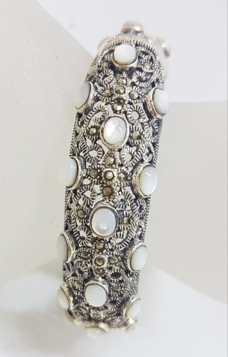 Sterling Silver Marcasite With Mother of Pearl Wide Ornate Filigree Hinged Bangle