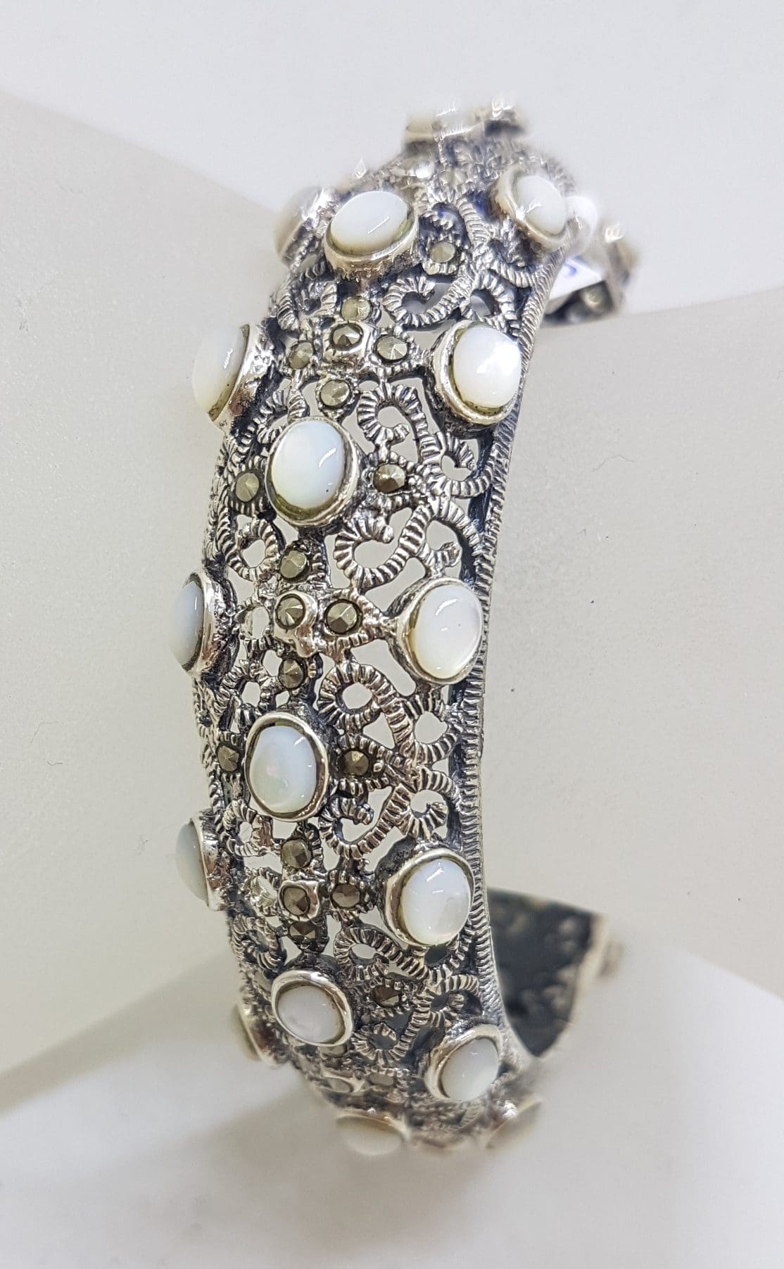 Sterling Silver Marcasite With Mother of Pearl Wide Ornate Filigree Hinged Bangle