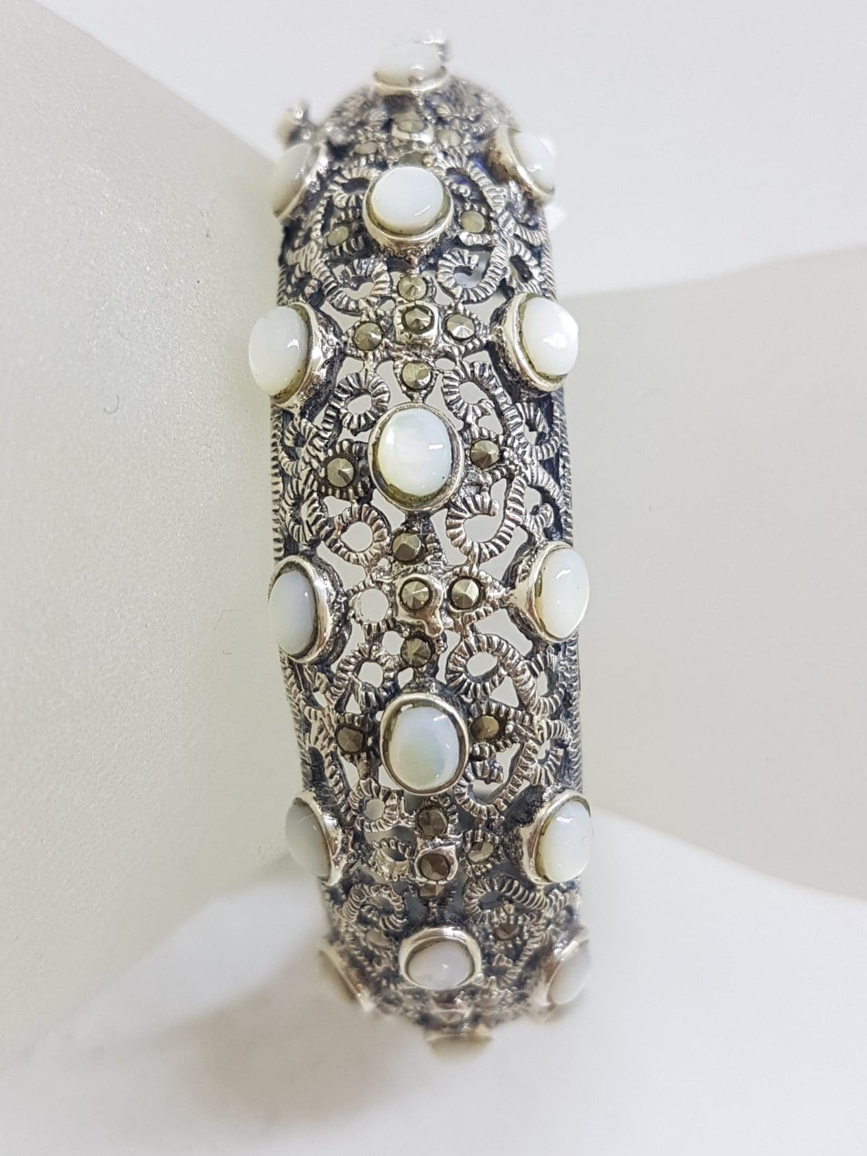 Sterling Silver Marcasite With Mother of Pearl Wide Ornate Filigree Hinged Bangle
