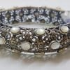 Sterling Silver Marcasite With Mother of Pearl Wide Ornate Filigree Hinged Bangle