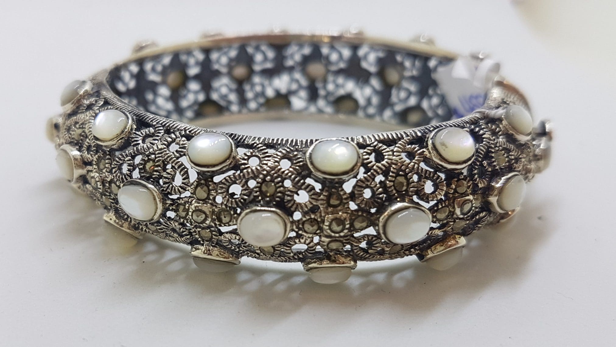 Sterling Silver Marcasite With Mother of Pearl Wide Ornate Filigree Hinged Bangle