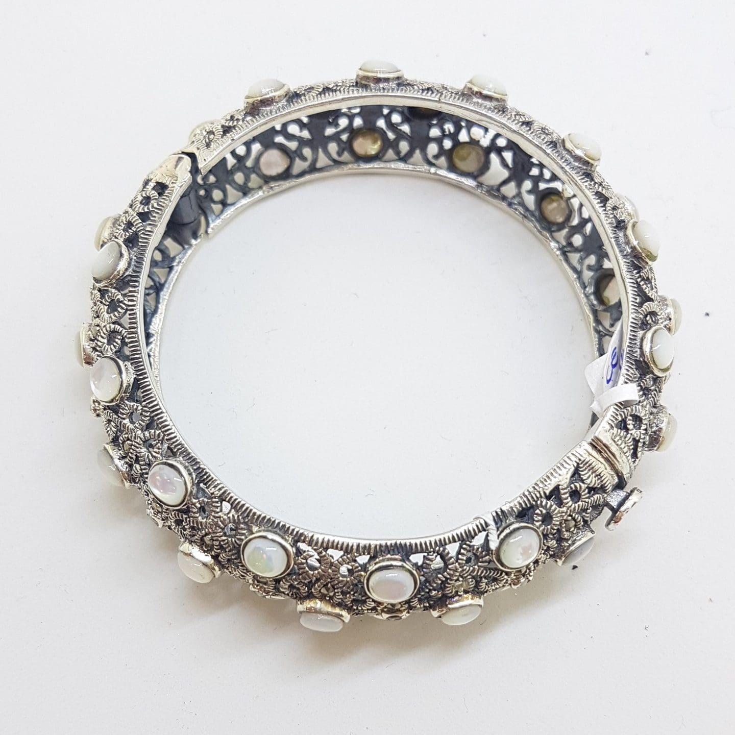 Sterling Silver Marcasite With Mother of Pearl Wide Ornate Filigree Hinged Bangle