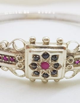 Sterling Silver Ornate Natural Ruby with Marcasite Hinged Bangle