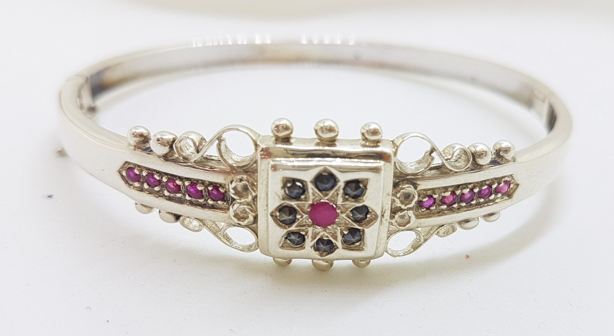 20210111_204232 Sterling Silver Ornate Natural Ruby with Marcasite Hinged Bangle